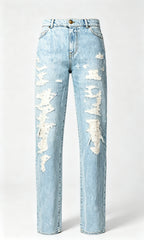 Pinko Women's High Waisted Straight Leg Jeans with Rips and Light Wash