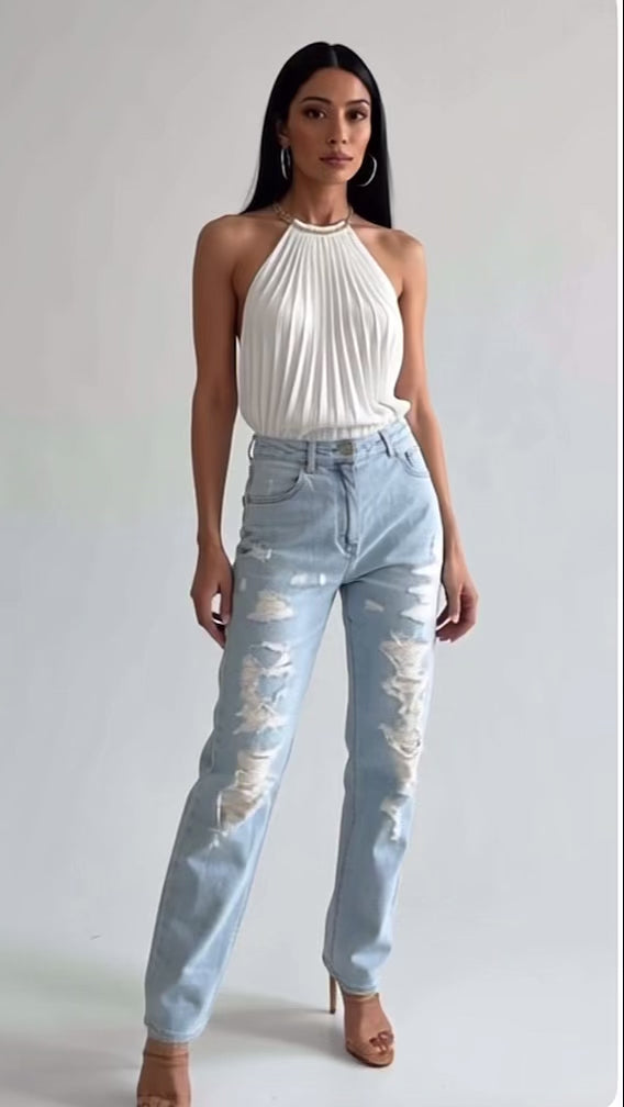 Pinko Women's High Waisted Straight Leg Jeans with Rips and Light Wash